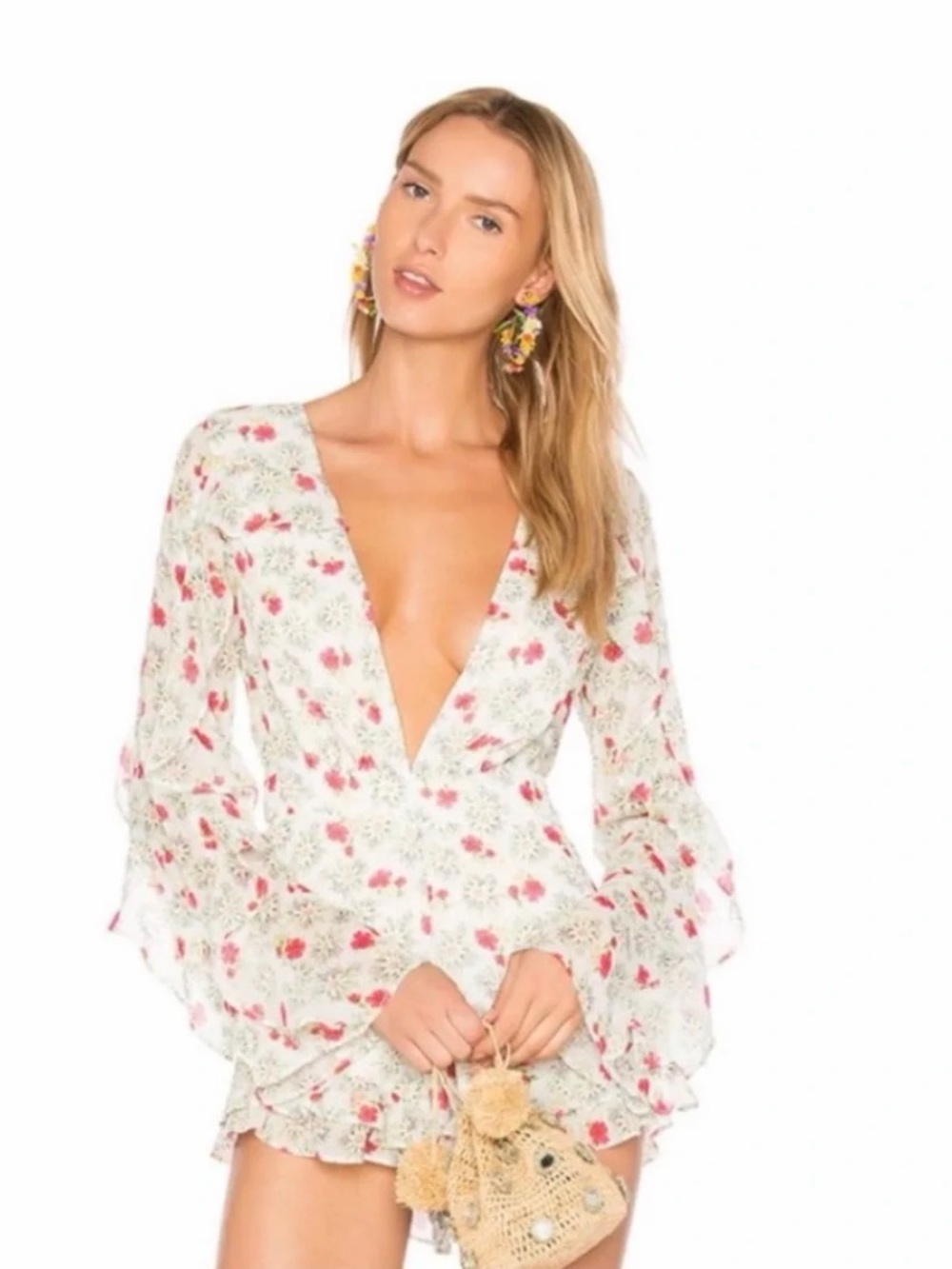 Majorelle Floral Deep V-Neck Long Sleeve Romper in White w/ Pink, size Medium
